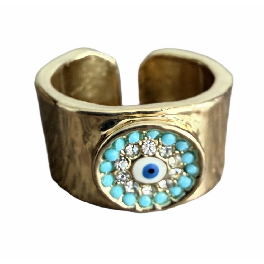 Gold tone evil eye rhinestone studded open band ring - size ~6.25